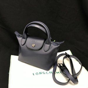 Longchamp Mini Le Pliage Cuir Leather Top Handle Bag Navy